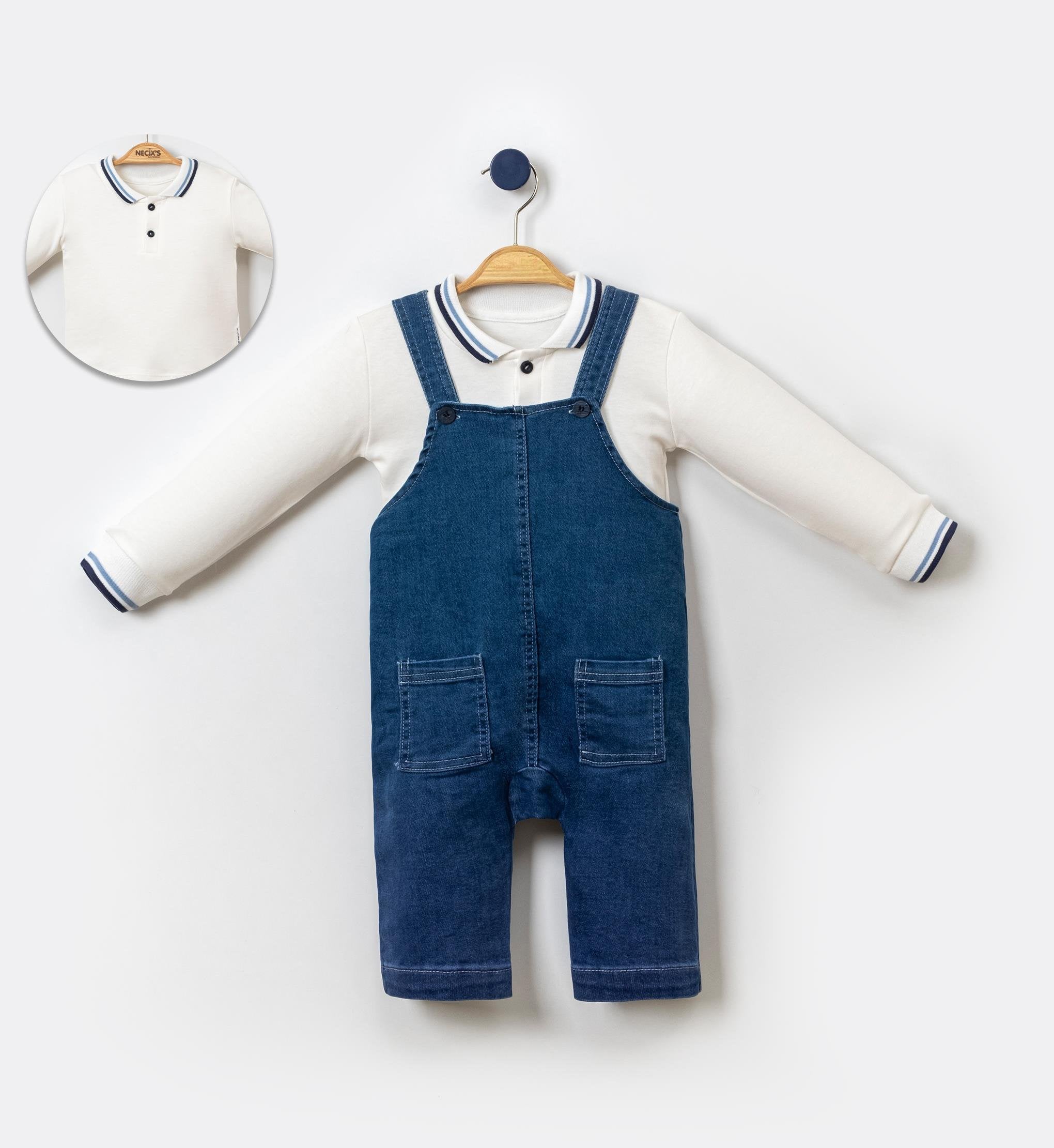 Salopet Likralı Kot Polo Yaka Sweatshirt Salopet Erkek Bebek Takım