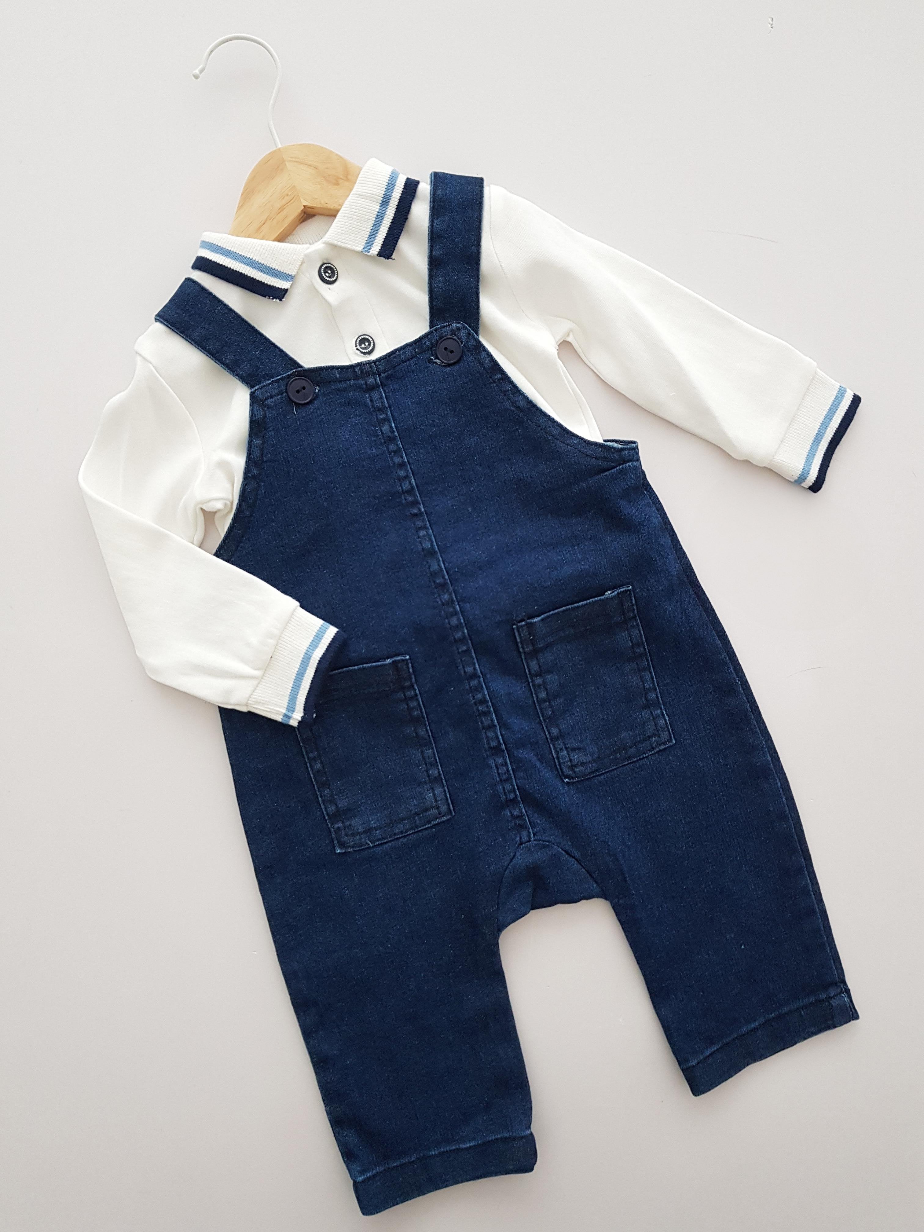 Salopet Likralı Kot Polo Yaka Sweatshirt Salopet Erkek Bebek Takım