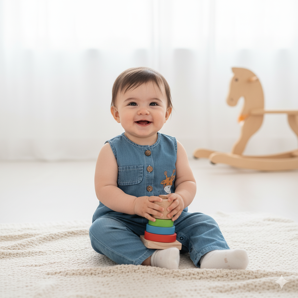 Maracay Cepli Zürafa Baskılı Bebek Kot Tulum