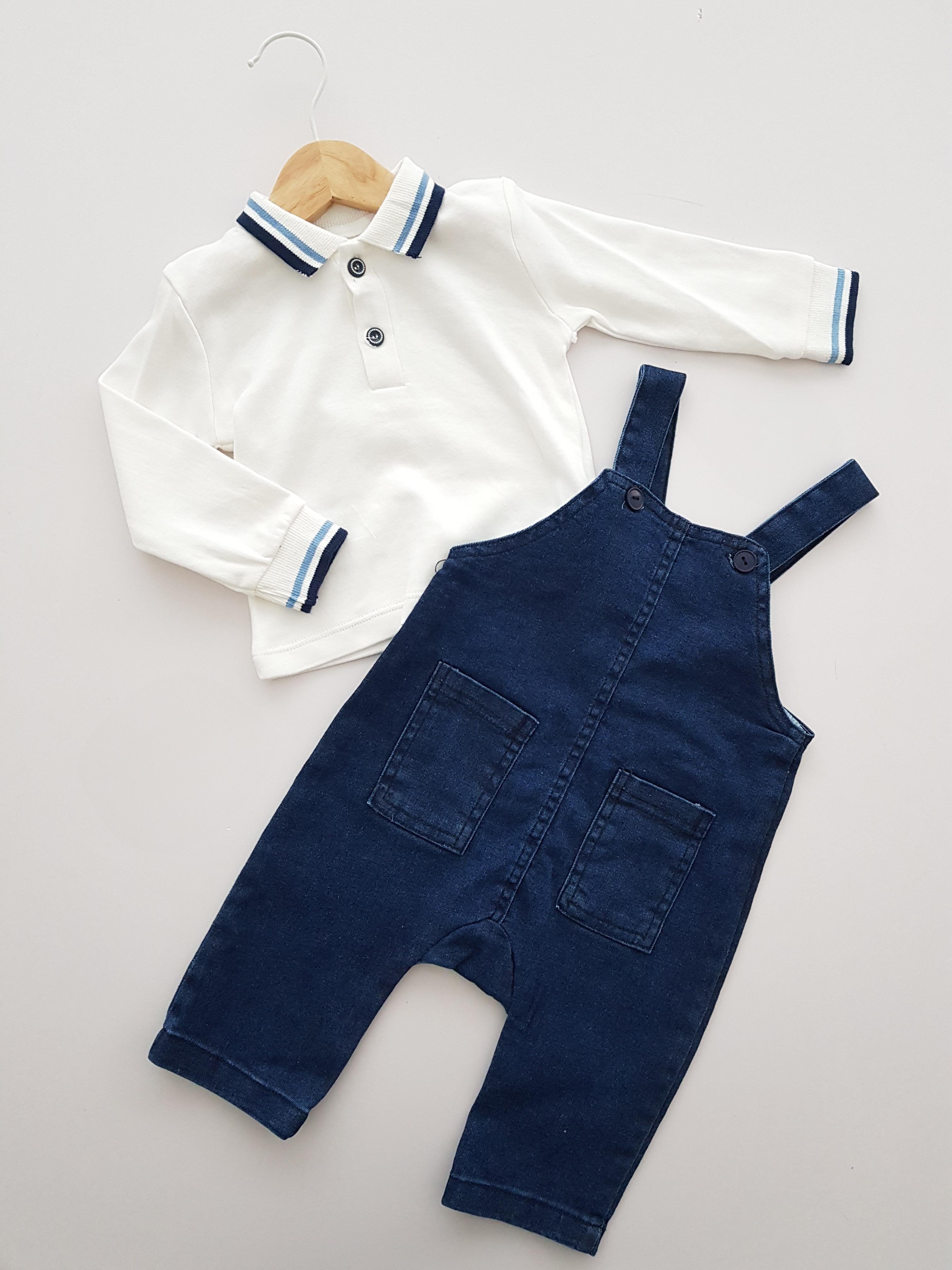 Salopet Likralı Kot Polo Yaka Sweatshirt Salopet Erkek Bebek Takım